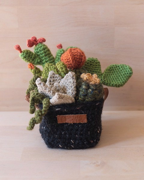 Picture of Large Crochet Garden with 7 Succulents & Cactuses in Black Pot