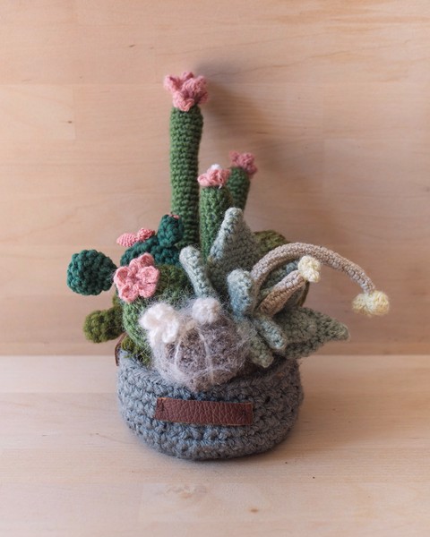 Picture of Large Crochet Garden with 7 Succulents & Cactuses in Grey Pot