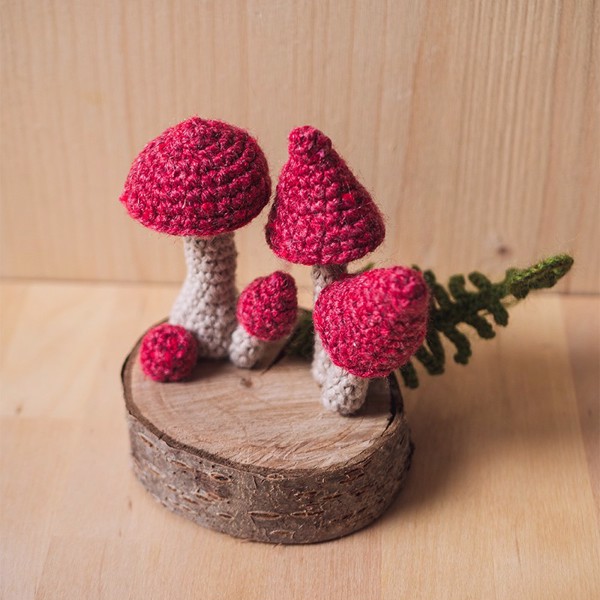 Picture of Crochet Red Mushroom Garden on Wooden Base