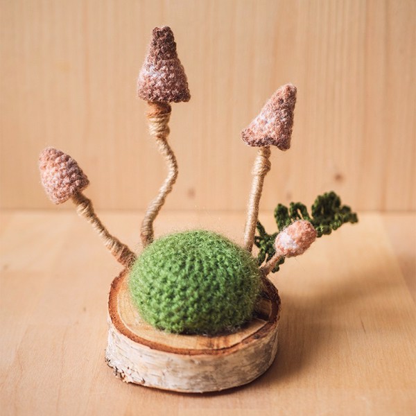 Picture of Small Crochet Wild Mushrooms on Wooden Base / Pincushion